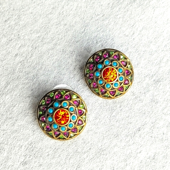 Jewelry - LaVintage Earrings Brass Tone Boho Round Purple Orange Blue Gemstone Vintage